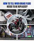 MR CARTOOL brake bleeder kit for motorcycle; collage with central sport bike and brake-fluid issue panels.