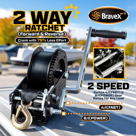 Beefy Heavy Duty Boat Trailer Hand Winch 3500 Lbs With 33 Ft Strap For Lifting And Towing Boats Carbon Steel Build Easy Crank Action Marine Grade Toughness For Dock And Trailer 2-speed ratchet winch on boat trailer