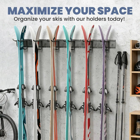 Heavy Duty Ski And Snowboard Wall Mount Rack Hangs And Stashes 6 Pairs Of Boards to clean up the garage with colorful skis mounted.