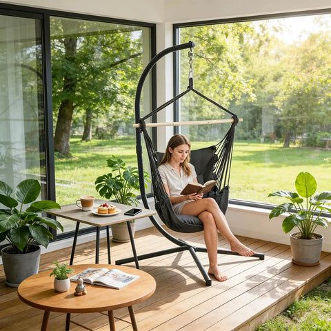 Person relaxing in a Chill Macrame Hammock Chair With Two Cushions For Indoor Outdoor Use Hanging Rope Swing Chair Supports Up To 350 Lbs Anti Slip Spreader Bar And Pocket Black on a patio.