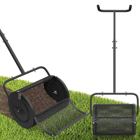 Large Capacity 24 Inch Compost Spreader With T Shaped Handle Height Adjustable Heavy Duty Garden Roller on grass