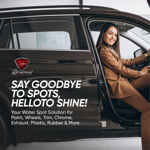 Woman smiling in car promoting Water Spot Remover Bundle Two Bottle Upgraded For Glass And Paint That Destroys Water Spots