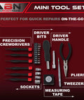 Tri Fold Mini Tool Set For Dorm Room And Travel 25 Piece Pocket Home Repair Kit with tools labeled in case