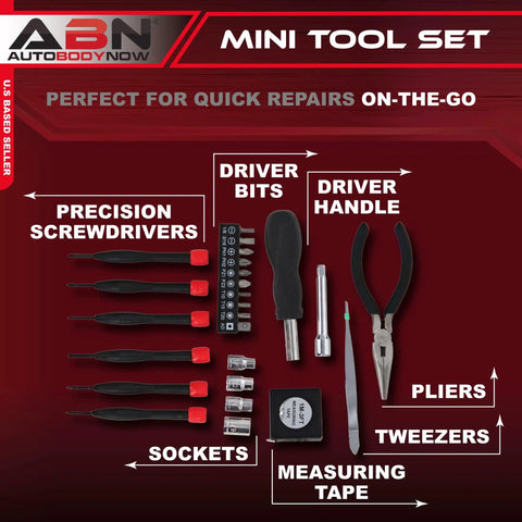 Tri Fold Mini Tool Set For Dorm Room And Travel 25 Piece Pocket Home Repair Kit with tools labeled in case