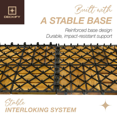 Top Shelf Nine Piece Solid Acacia Wood Interlocking Deck Tiles Non Slip Grooved Outdoor Flooring showing a stable, reinforced base design.