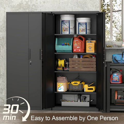 72 Inch Steel Garage Storage Cabinet with Locking Doors, 4 Shelves, Heavy Duty All Steel Construction, open with tools inside