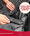 Hands installing waterproof dog car seat cover with non slip back seat protector, showing LATCH strap and seat belt slots
