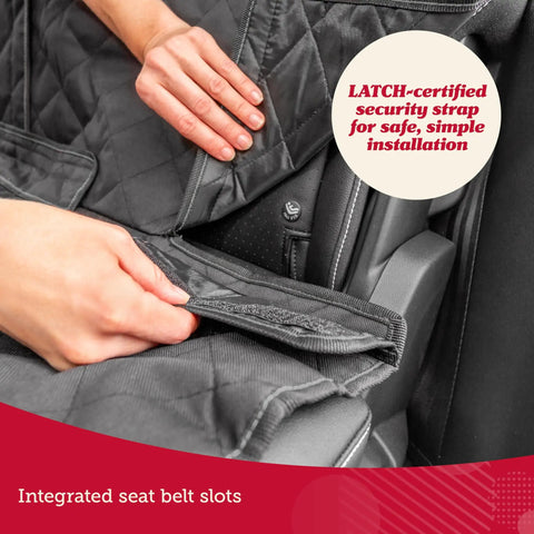 Hands installing waterproof dog car seat cover with non slip back seat protector, showing LATCH strap and seat belt slots