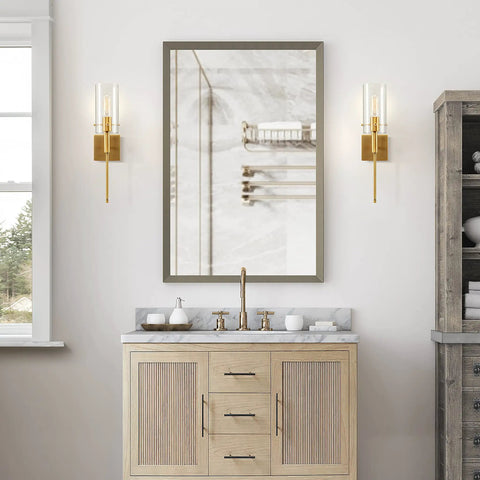 Set Of 2 Modern Indoor Wall Sconces In Antique Brass With Clear Glass Shade Dual Up Down Mount Sleek Wall Decor for bathroom