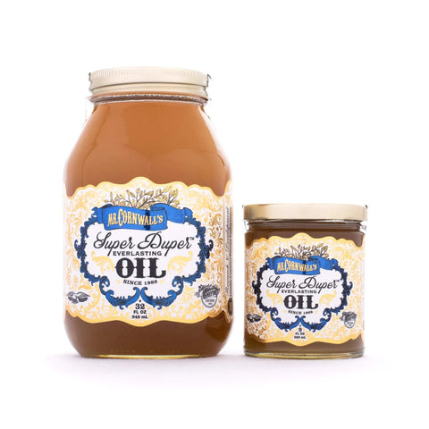 Two jars of Super Duper Everlasting Oil 9 Oz Multi Use Wood Finish That Feels Like Danish Oil But Delivers Serious Strength Durability All Natural And Food Safe For Cabinets Furniture And Craft Projects, with ornate yellow labels.