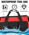 3 Pack Heavy Duty Tool Bags With Waterproof Hard Bottom, Wide Mouth Tote for Electricians, Red 13 Inch, in water.