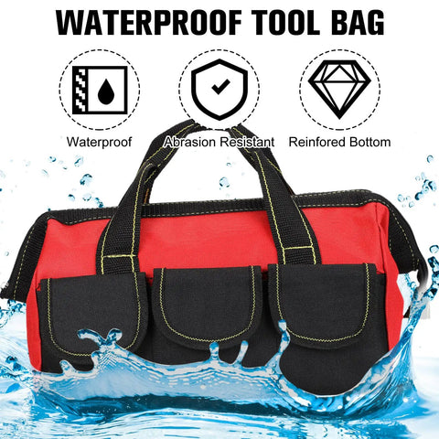 3 Pack Heavy Duty Tool Bags With Waterproof Hard Bottom, Wide Mouth Tote for Electricians, Red 13 Inch, in water.