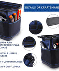Heavy Duty Tool Tote Bag With Waterproof Plastic Base 16 Inch Multi Pocket Organizer with tools and features details