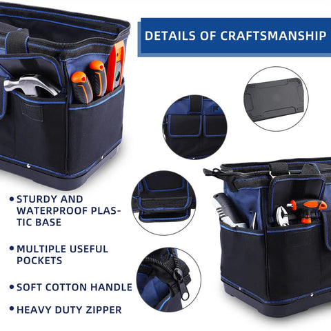 Heavy Duty Tool Tote Bag With Waterproof Plastic Base 16 Inch Multi Pocket Organizer with tools and features details