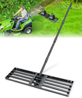 Heavy Duty Lawn Leveling Rake with Stainless Steel Build, 68 Inch Adjustable Handle, shown levelling grass with riding mower.