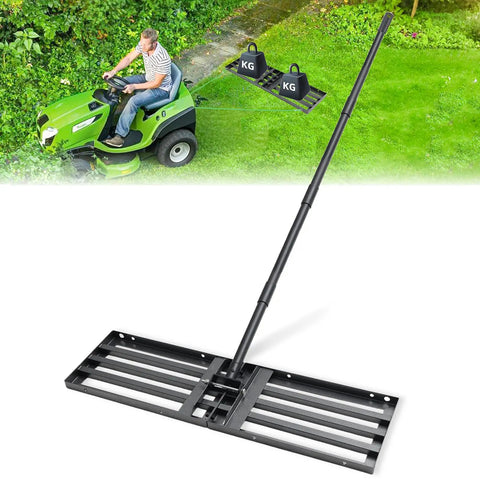 Heavy Duty Lawn Leveling Rake with Stainless Steel Build, 68 Inch Adjustable Handle, shown levelling grass with riding mower.