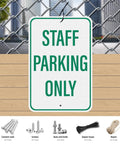 Two Pack Built Tough Reflective Parking Signs For Office Staff And Employees 18 By 12 Inch Aluminum Heavy Duty Surface Top Shelf Visibility No Nonsense Vehicle Lot Markers hung on fence.