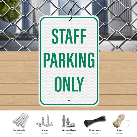 Two Pack Built Tough Reflective Parking Signs For Office Staff And Employees 18 By 12 Inch Aluminum Heavy Duty Surface Top Shelf Visibility No Nonsense Vehicle Lot Markers hung on fence.