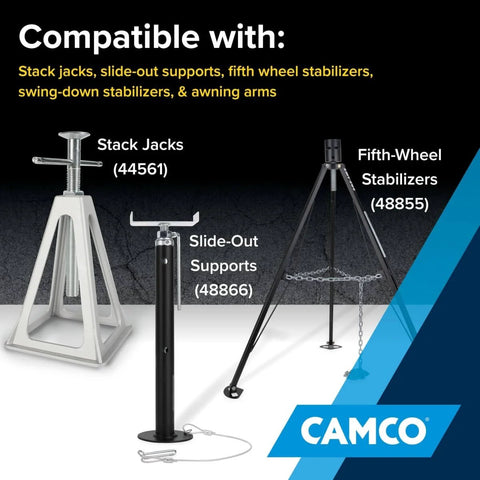 Three types of RV stabilizers: stack jacks, slide-out supports, fifth-wheel stabilizers by Camco, compatible with various systems.