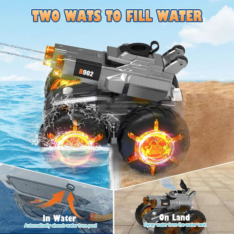 Dope Amphibious RC Car With Water Gun for land and water play, showcasing waterproof wheels and submersion capabilities.