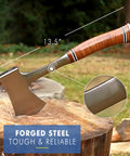 Sportsman's Axe 14 Inch Hatchet for camping and outdoors on tree stump, showcasing forged steel and leather grip, wood chopping tool.