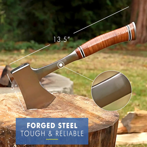 Sportsman's Axe 14 Inch Hatchet for camping and outdoors on tree stump, showcasing forged steel and leather grip, wood chopping tool.