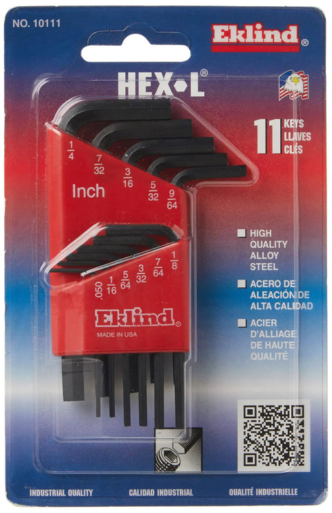 SAE Hex Key Set In Inch Sizes From.050 To 1/4, 11 Pc Short Series Allen Wrenches, red holder, industrial grade, made in USA packaging