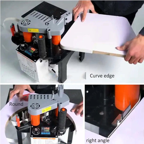 Portable Edge Bander For Curve And Straight Edges With Adjustable Speed Up To Five Meters Per Minute Handles 10 To 60 mm shown in use