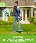 Heavy Duty Cordless String Trimmer With Brushless Motor 16 Inch Weed Whacker in use trimming grass.