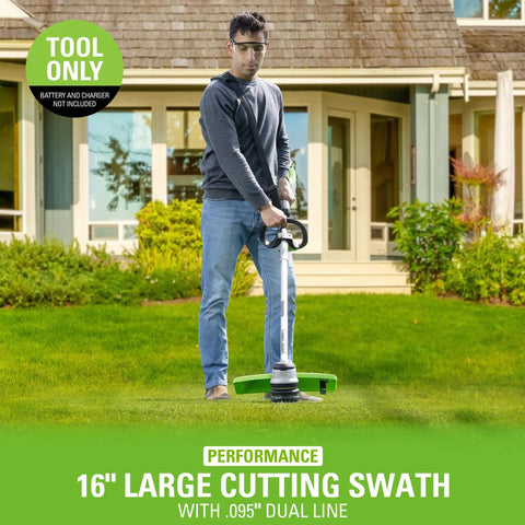 Heavy Duty Cordless String Trimmer With Brushless Motor 16 Inch Weed Whacker in use trimming grass.