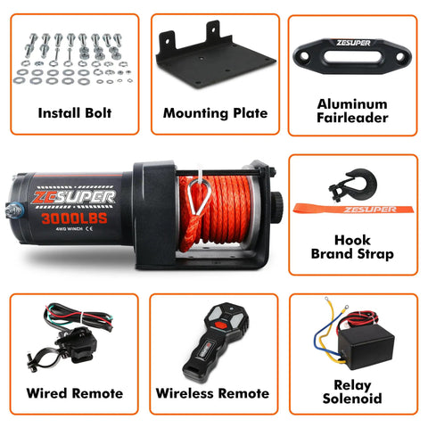 Components of 3000 Lb Electric Winch for ATV UTV Boat Trailer with Synthetic Rope and Wireless Remote