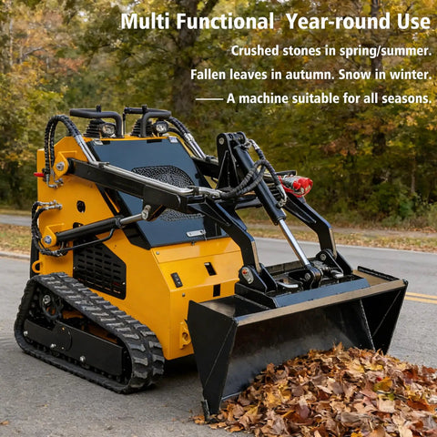 Mini Triangular Track Skid Steer Loader With 23HP Gas Engine And 46 Inch Bucket clearing autumn leaves on road