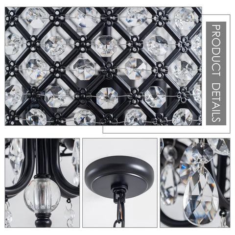 Close-up of Black Crystal Chandelier Pendant Light Modern Drum Shade With Raindrop Crystals Four Light Hanging Fixture details