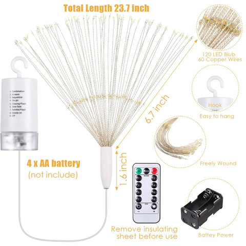 8 Pack Dope Starburst LED Firework Fairy Lights With Remote Control Battery Operated Outdoor Hanging String Lights 120 LEDs