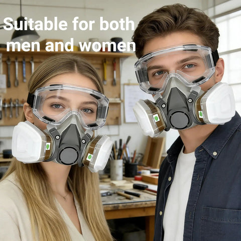 Pro Grade Reusable Half Face Respirator Kit With Anti Fog Safety Glasses And Filters For Dust Paint And Sanding worn by two people