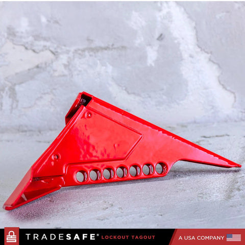 Red Ball Valve Lockout Device For 1 1/4 In To 2 1/2 In Pipe Diameters, Tamper Proof, 7 Lockout Holes, angled view