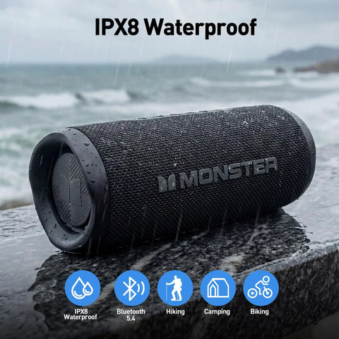 60W True Wireless Stereo Outdoor Speaker With IPX8 Waterproof Dual Pairing Bluetooth 5.4 Built In Mic Portable Party Speaker For Outdoors Beastly Bass Loud Clear 360 Degree Sound, black speaker on wet surface outdoors