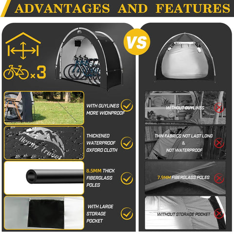Comparison of Outdoor Bike Storage Shed Tent For 2 To 8 Bikes, showing advantages of 210D Oxford Fabric PU4000 Waterproof