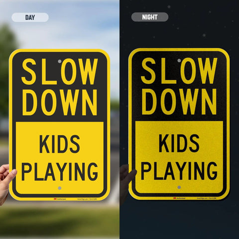 Heavy Duty Slow Down Kids Playing Neighborhood Warning Sign Crafted From Tough 63 Mil Aluminum equipped with 3M reflective film in day and night.