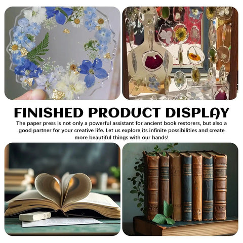 Finished product display showcasing books, crafts, and bookbinding tools related to Wooden Book Press Kit For DIY Bookbinding 7.9 By 11.6 Inches Portable And Easy To Assemble No Fuss Heavy Duty Paper Press For Handmade Journals And Notebooks Includes Step By Step Guide