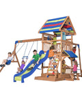 Beachfront Cedar Wood Swing Set With Wave Slide Elevated Deck Canopy Monkey Bars Rock Wall Ladder Shaded Picnic Area Snack Bar Window Belt Swings Trapeze Sandbox Playset For Kids showcasing kids playing