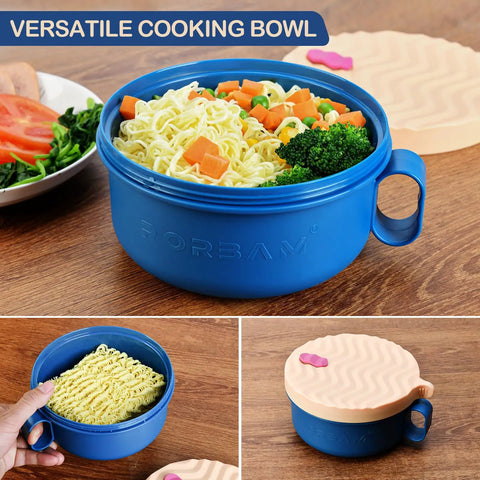 Ramen Cooker Microwave Bowl 48 Oz Ramen Noodle Bowl For Dorm Rooms And Apartments BPA Free Pink Must Have For Busy Students Ideal College Kitchen Essential, blue bowl with noodles and vegetables, lid shown.