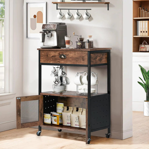 Industrial Farmhouse Coffee Bar Cart With 3 Tier On Wheels Rustic Brown Mobile Coffee Station Table With Storage For Home Kitchen