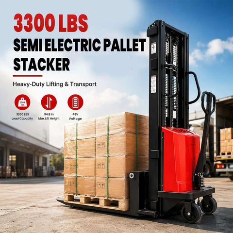Heavy Duty Straddle Stacker Handles 3,300 Lbs With Semi Electric Lift For Tight Spaces And Tough Jobs Featuring Big Battery Power And Solid Build Quality with stacked boxes in warehouse.