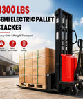 Heavy Duty 3300Lbs Semi Electric Pallet Stacker With 94.8 Inch High Lift Straddle Design for moving pallets in a warehouse.
