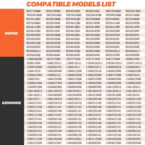 Compatible models list for Roper and Kenmore dryer heating elements.