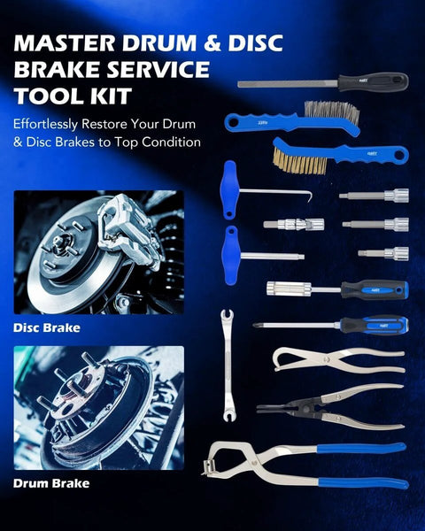 Pro Grade 15 Piece Drum And Disc Brake Tool Kit With Brake Spring Pliers and Caliper Brushes for VW, Seat, Skoda
