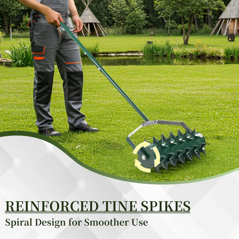 Person using a Rolling Lawn Aerator With Double Spike Design, Heavy Duty Manual Aerator Tool, Adjustable Handle on grass.