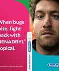 Extra Strength Itch Relief Stick For Itchy Skin next to a person's face with a bug, Benadryl topical shown.