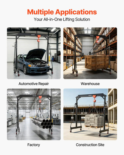 Workhorse Grade Adjustable Gantry Crane 4400 Lbs Capacity Portable Shop Lift Hoist With Manual Trolley Kit seen in automotive repair and warehouse.